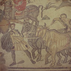 Buoi che trasportano acqua, mosaico romano, inizio IV secolo da Roman